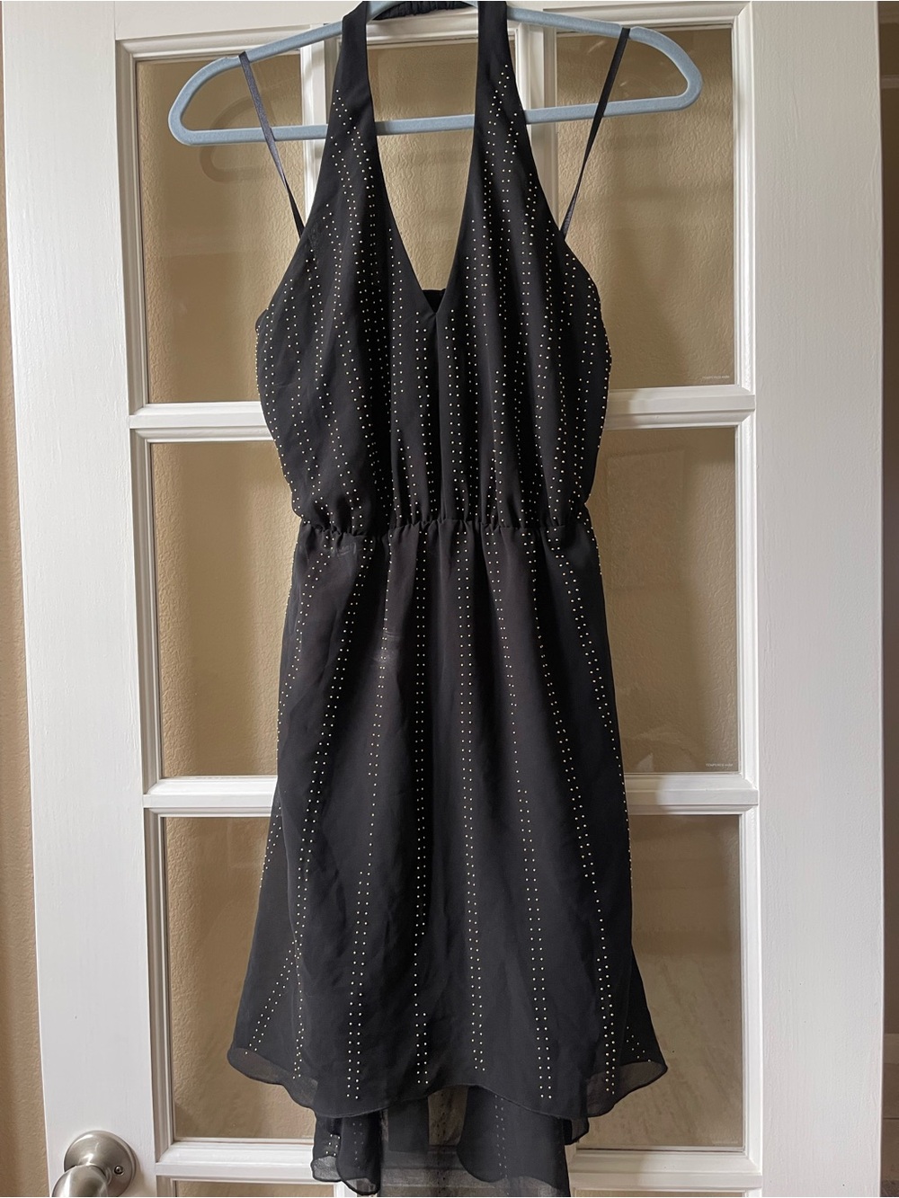 Black Halter V-Neck Party Dress with Subtle Stud Detail